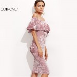 COLROVE Womens Sexy Dresses Party Night Club Dress Winter Dresses Off Shoulder Bodycon Pink Ruffle Sheath Elegant Dress 