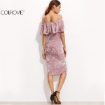 COLROVE Womens Sexy Dresses Party Night Club Dress Winter Dresses Off Shoulder Bodycon Pink Ruffle Sheath Elegant Dress 