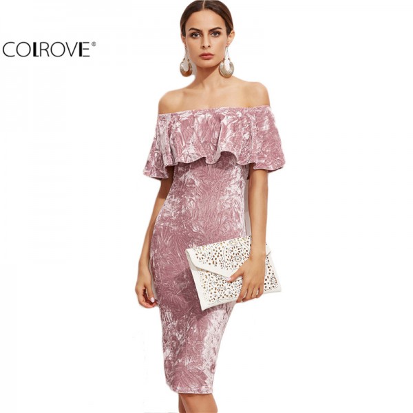 COLROVE Womens Sexy Dresses Party Night Club Dress Winter Dresses Off Shoulder Bodycon Pink Ruffle Sheath Elegant Dress 