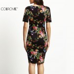 COLROVIE 2016 Vintage Print Summer Style Bodycon Women Dresses Ladies Short Sleeve Crew Neck Floral Printed Fitness Dress