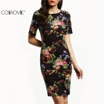 COLROVIE 2016 Vintage Print Summer Style Bodycon Women Dresses Ladies Short Sleeve Crew Neck Floral Printed Fitness Dress