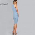 COLROVIE 2017 Summer Dress Women Blue Sexy Keyhole Front Sleeveless Midi Bodycon Dresses Fashion Cut Out Brief Casual Dress 