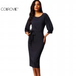 COLROVIE Autumn New Style  Puff Sleeve Belt Chiffon Slim Dress Navy Round Neck Half Sleeve Pockets Sheath Dress