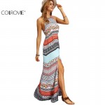 COLROVIE Beach New Arrivals Boho Summer Maxi Dresses Women Sexy Ladies Multicolor Sleeveless Vintage Print Split Long Dress