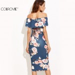 COLROVIE Blue Floral Print Off The Shoulder Scalloped Hem Sheath Dress Female Work Wear Ruffles Pencil Midi Dress