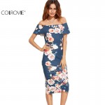 COLROVIE Blue Floral Print Off The Shoulder Scalloped Hem Sheath Dress Female Work Wear Ruffles Pencil Midi Dress