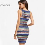 COLROVIE Boho Tribal Print Basic Bodycon Dress Summer Women Vintage Sexy Mini Tank Dresses 2017 Slim O Neck Dress