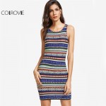 COLROVIE Boho Tribal Print Basic Bodycon Dress Summer Women Vintage Sexy Mini Tank Dresses 2017 Slim O Neck Dress