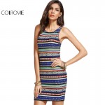 COLROVIE Boho Tribal Print Basic Bodycon Dress Summer Women Vintage Sexy Mini Tank Dresses 2017 Slim O Neck Dress