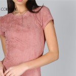 COLROVIE Brief Summer Dress Women Pink Short Sleeve Curved Hem Sexy Bodycon Mini Dresses 2017 New Slim O Neck Elegant Dress