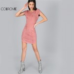 COLROVIE Brief Summer Dress Women Pink Short Sleeve Curved Hem Sexy Bodycon Mini Dresses 2017 New Slim O Neck Elegant Dress