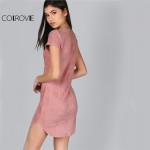COLROVIE Brief Summer Dress Women Pink Short Sleeve Curved Hem Sexy Bodycon Mini Dresses 2017 New Slim O Neck Elegant Dress