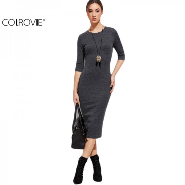 COLROVIE Casual Dresses for Woman Work Dress Designer Vintage Dresses Heather Grey Half Sleeve Casual Midi Dress C1204