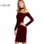 COLROVIE Choker Neck Velvet Halter Pencil Dress Sexy Women Knee Length Dress Autumn Club Wear Sheath Dress