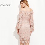 COLROVIE Elegant Dress Women Pink Embroidered Lace Overlay  Long Sleeve  Off The Shoulder  Knee Length Dress 