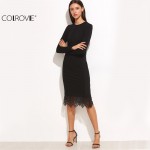 COLROVIE Elegant Dresses Women Business Casual Clothing Black Bodycon Dress Black Lace Trim Long Sleeve Pencil Dress 