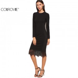 COLROVIE Elegant Dresses Women Business Casual Clothing Black Bodycon Dress Black Lace Trim Long Sleeve Pencil Dress 