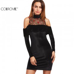 COLROVIE European Style Women Sheath Mini Dress Black Embroidered Mesh Neck Cold Shoulder Ruffle Velvet Dress 