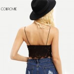 COLROVIE Lace Insert Sexy 2016 New Summer Style Women Crop Tops Hollow Sleeveless Black Crochet Overall Slip Lingerie
