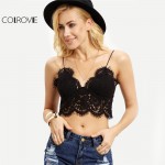 COLROVIE Lace Insert Sexy 2016 New Summer Style Women Crop Tops Hollow Sleeveless Black Crochet Overall Slip Lingerie