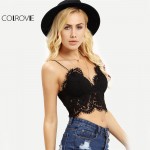 COLROVIE Lace Insert Sexy 2016 New Summer Style Women Crop Tops Hollow Sleeveless Black Crochet Overall Slip Lingerie