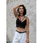 COLROVIE Lace Insert Sexy 2016 New Summer Style Women Crop Tops Hollow Sleeveless Black Crochet Overall Slip Lingerie