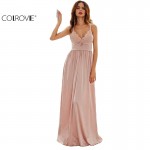 COLROVIE Ladies Sexy New Style Pink Triangle Lace Top Deep V Neck Pleated Waist Slip Sleeveless Maxi Dress