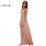 COLROVIE Ladies Sexy New Style Pink Triangle Lace Top Deep V Neck Pleated Waist Slip Sleeveless Maxi Dress