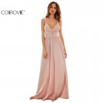 COLROVIE Ladies Sexy New Style Pink Triangle Lace Top Deep V Neck Pleated Waist Slip Sleeveless Maxi Dress