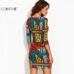 COLROVIE Long Sleeve Bodycon Dress Autumn Women Dress Multicolor Meander Pattern Print  Mini Sexy 2016 Fall Dress