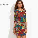 COLROVIE Long Sleeve Bodycon Dress Autumn Women Dress Multicolor Meander Pattern Print  Mini Sexy 2016 Fall Dress
