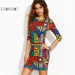 COLROVIE Long Sleeve Bodycon Dress Autumn Women Dress Multicolor Meander Pattern Print  Mini Sexy 2016 Fall Dress