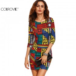COLROVIE Long Sleeve Bodycon Dress Autumn Women Dress Multicolor Meander Pattern Print  Mini Sexy 2016 Fall Dress