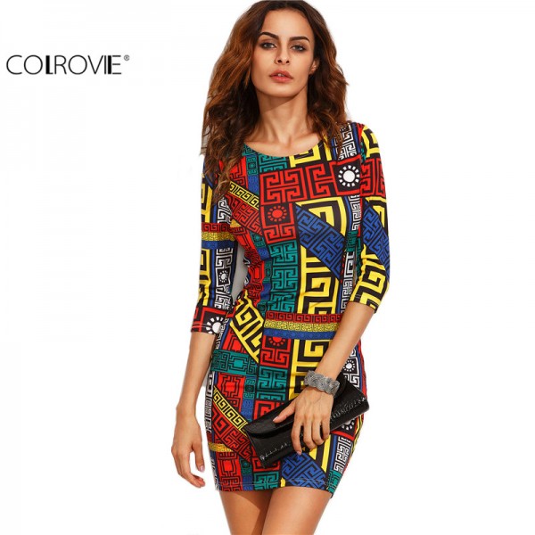 COLROVIE Long Sleeve Bodycon Dress Autumn Women Dress Multicolor Meander Pattern Print  Mini Sexy 2016 Fall Dress