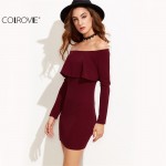 COLROVIE Long Sleeve Dress Womens Clothing Winter Dresses Women Sexy Dresses Burgundy Off The Shoulder Ruffle Bodycon Dress 