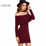 COLROVIE Long Sleeve Dress Womens Clothing Winter Dresses Women Sexy Dresses Burgundy Off The Shoulder Ruffle Bodycon Dress 