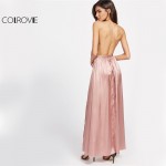 COLROVIE Maxi Party Summer Dress Women 2017 Pink Elegant Surplice Front High Slit Sexy Dresses New Cross Back V Neck Cami Dress