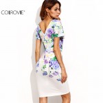 COLROVIE Multicolor Floral Printed Scallop Trim V Back Short Sleeve Bodycon Short Dress Ladies V Neck Sheath Mini Dress