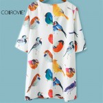 COLROVIE New Brand Hot Sale Summer Latest Design Women Clothing White Half Sleeve Birds Print Loose Glamorous Dress