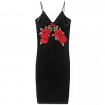 COLROVIE Sexy Club Velvet Dresses Floral Bodycon Dress Deep V Neck Black Embroidered Rose Backless Spaghetti Stripe Cami Dress 