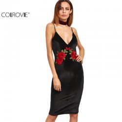 COLROVIE Sexy Club Velvet Dresses Floral Bodycon Dress Deep V Neck Black Embroidered Rose Backless Spaghetti Stripe Cami Dress 