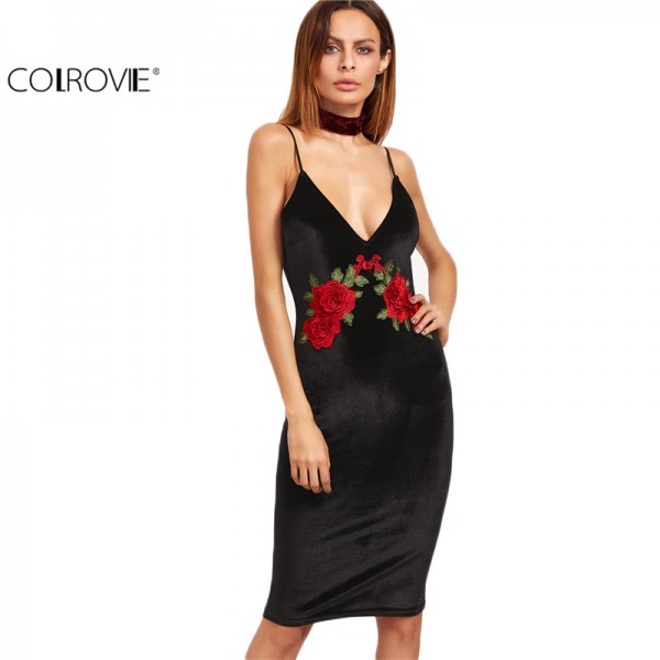 COLROVIE Sexy Club Velvet Dresses Floral Bodycon Dress Deep V Neck Black Embroidered Rose Backless Spaghetti Stripe Cami Dress 