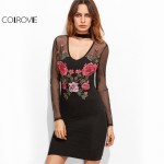 COLROVIE Sexy Long Sleeve Tight Dress Women Mini Dress Black Cutout Choker Neck Embroidered Mesh Overlay Bodycon Dress 