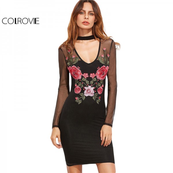 COLROVIE Sexy Long Sleeve Tight Dress Women Mini Dress Black Cutout Choker Neck Embroidered Mesh Overlay Bodycon Dress 