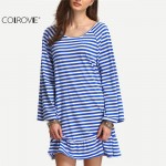 COLROVIE Sexy Striped Backless Tassel Straight Summer Style Dresses 2017 New Beach Women Long Sleeve White Shift Dress