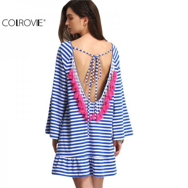 COLROVIE Sexy Striped Backless Tassel Straight Summer Style Dresses 2017 New Beach Women Long Sleeve White Shift Dress