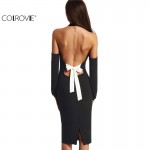 COLROVIE Sexy Women Backless Bodycon Pencil Dress Hollow Out Woman New Arrival Black Open Shoulder Long Sleeve Bow Halter Dress