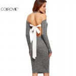 COLROVIE Sexy Women Backless Bodycon Pencil Dress Hollow Out Woman New Arrival Black Open Shoulder Long Sleeve Bow Halter Dress