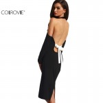 COLROVIE Sexy Women Backless Bodycon Pencil Dress Hollow Out Woman New Arrival Black Open Shoulder Long Sleeve Bow Halter Dress