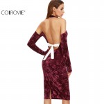 COLROVIE Sexy Women Backless Bodycon Pencil Dress Hollow Out Woman New Arrival Black Open Shoulder Long Sleeve Bow Halter Dress
